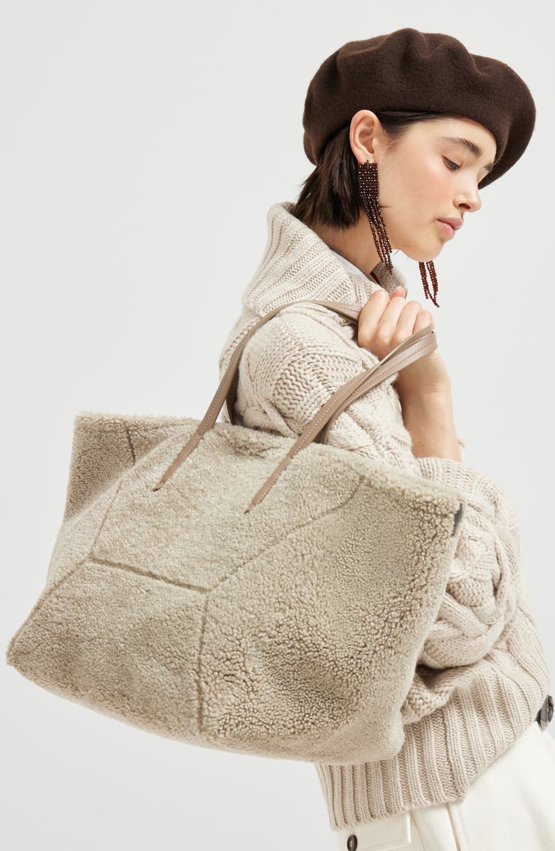 Brunello Cucinelli Shearling BC Duo bag, Alternate, color, Light Brown