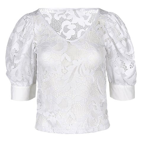 Women's  Katia White V-Neck Top With Sheer Mesh Sleeves