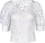 Anne Fontaine Women's Katia White V-Neck Top With Sheer Mesh Sleeves