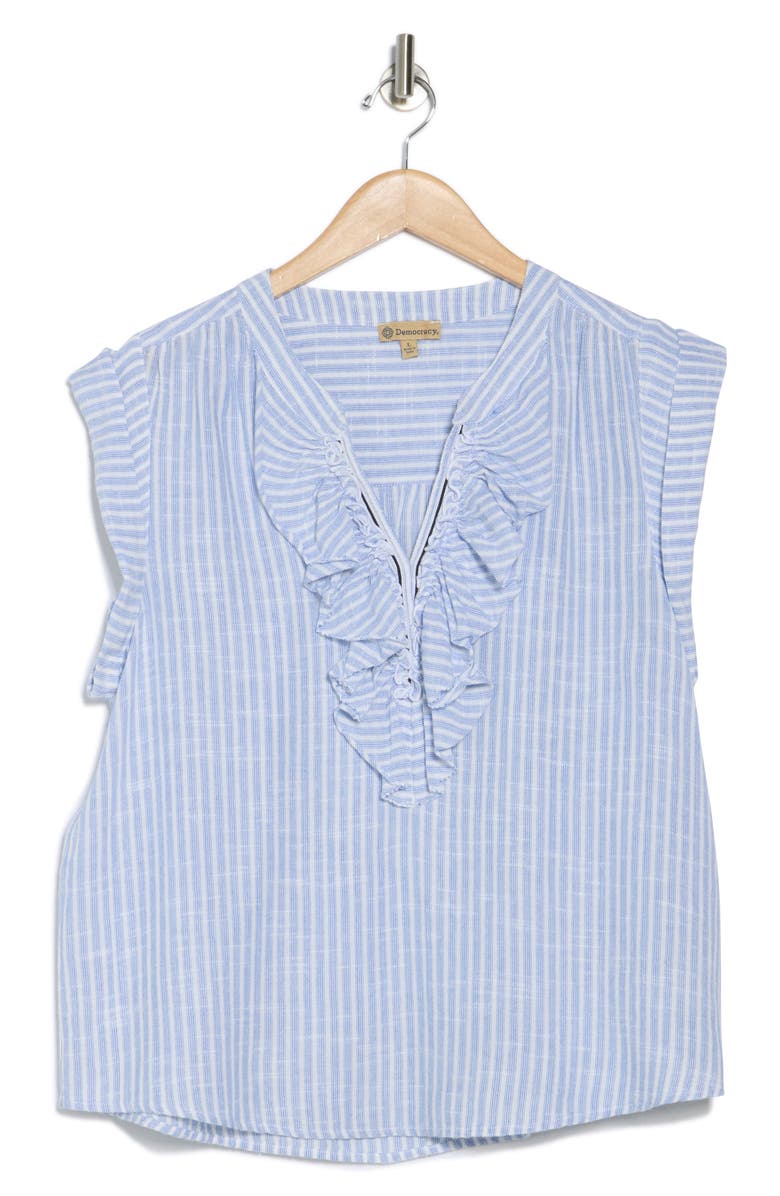 Democracy Stripe Ruffle Front Cap Sleeve Poplin Top, Alternate, color, Navy/ Off White