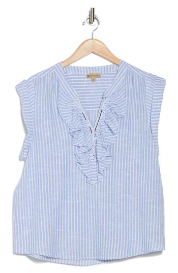 Democracy Stripe Ruffle Front Cap Sleeve Poplin Top In Navy/off White