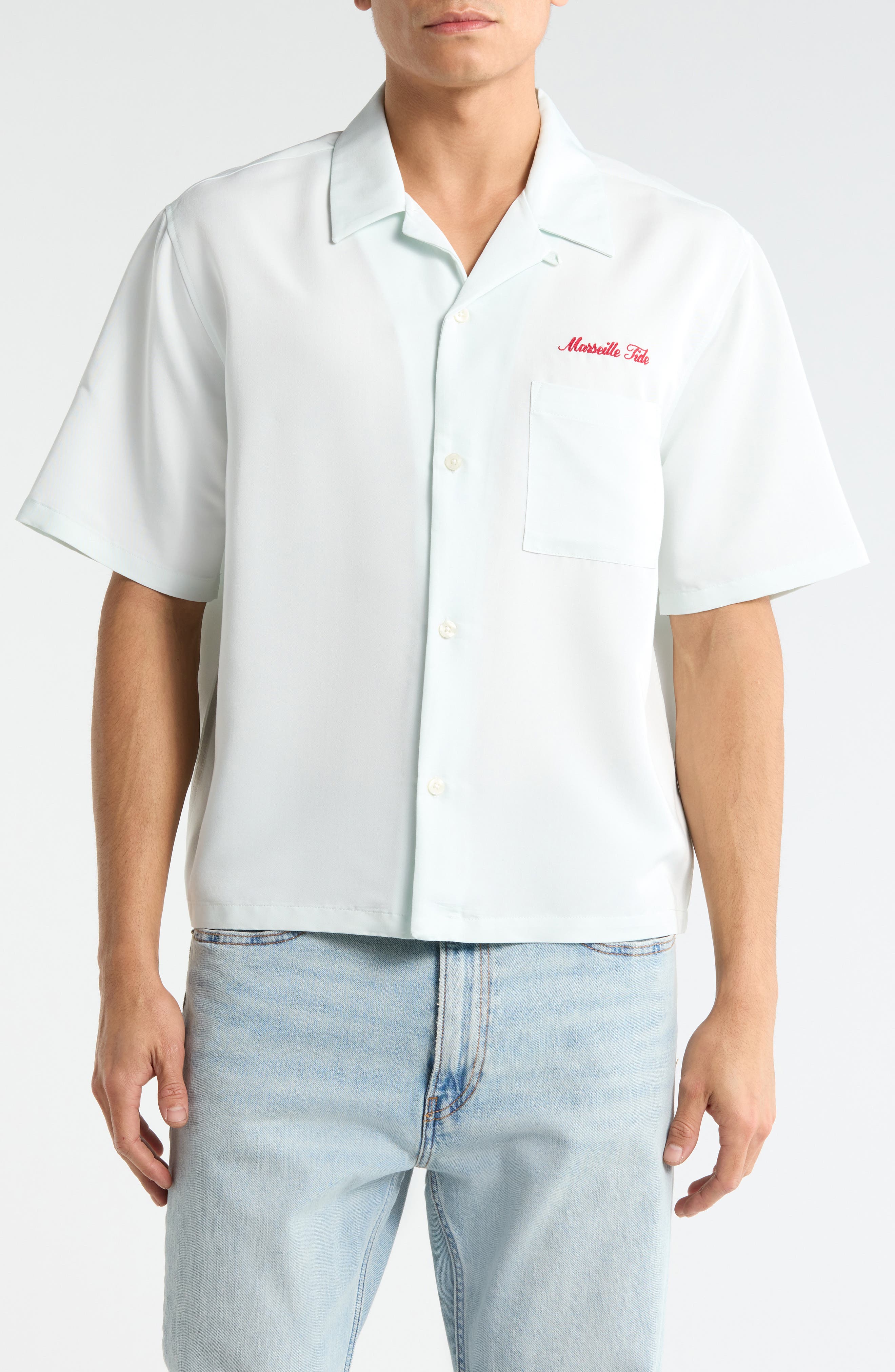 Ribbon Short Sleeve Button-Up Shirt