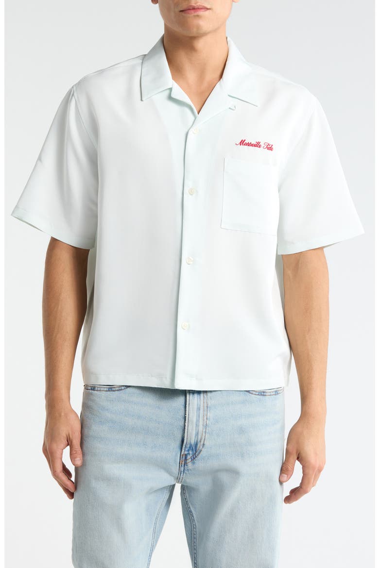 Ribbon Short Sleeve Button-Up Shirt, Main, color, LIGHT BLUE