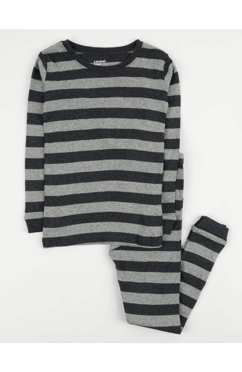 Leveret Two-Piece Printed Cotton Pajamas, Stripes, Animals & Characters, Main, color, Striped Dark Gray & Light Gray