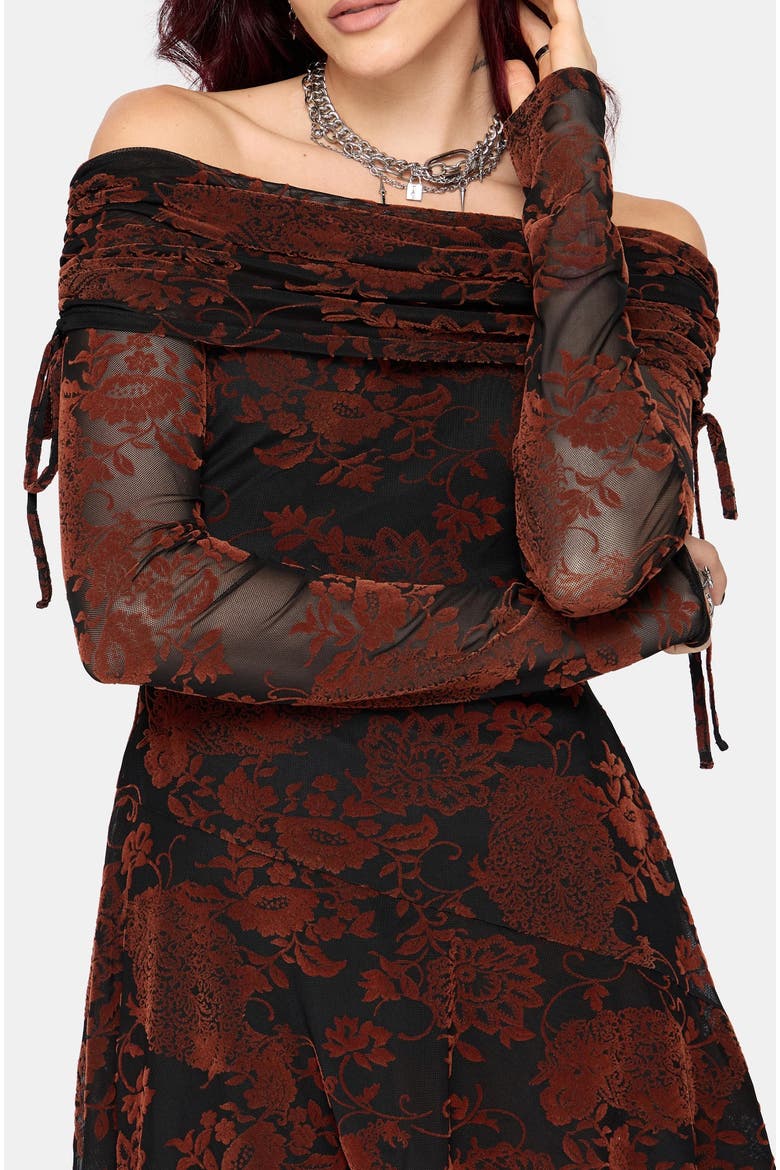 Allegra Bardot Flocked Mini Dress, Alternate, color, Black