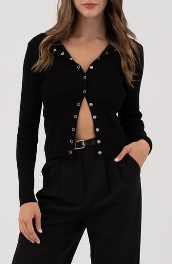 Blu Pepper Snap Button Front Rib Long Sleeve Top In Black