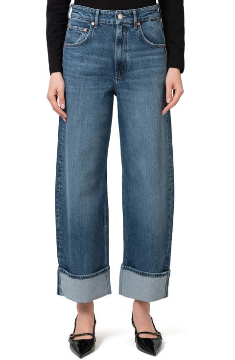 Sandra Cuffed High Waist Ankle Wide Leg Jeans (Mid Brushed Blue)