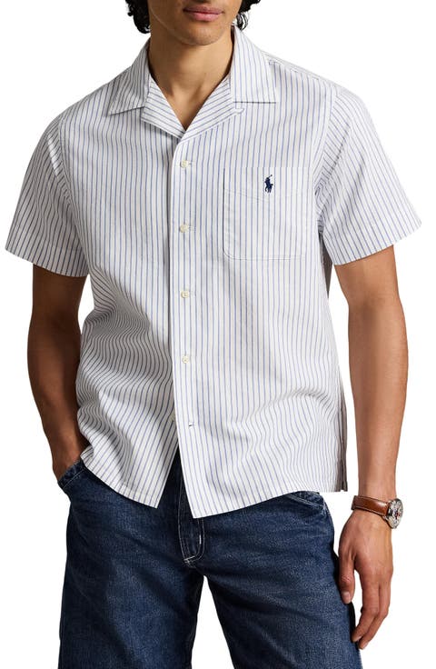 Classic Fit Stripe Cotton Oxford Cloth Camp Shirt