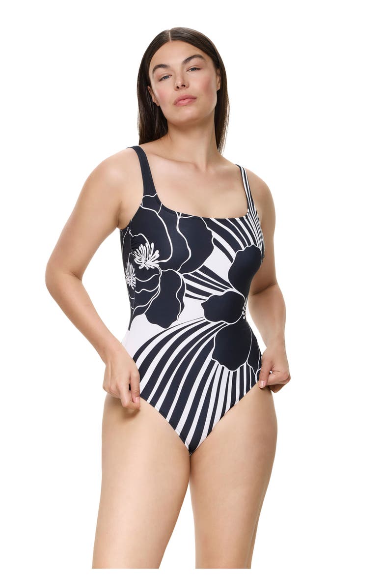 Midnight Bloom Square Neck One Piece, Alternate, color, Black-Cream