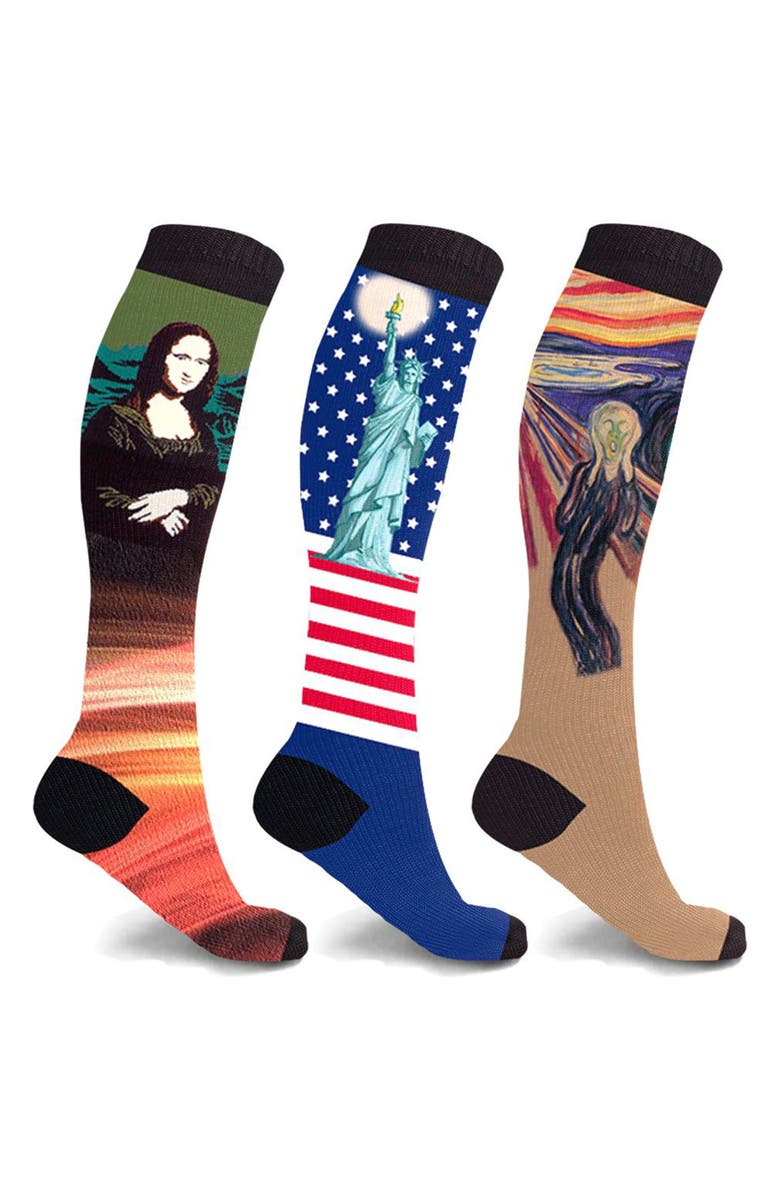 EXTREME FIT Famous Art 3-Pack Compression Knee High Socks, Main, color, 