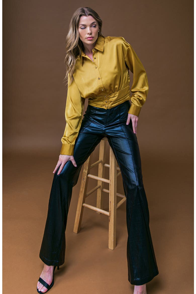 Long Sleeve Satin Crop Button-Up Shirt, Alternate, color, GOLD