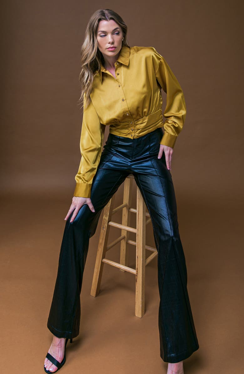 FLYING TOMATO Long Sleeve Satin Crop Button-Up Shirt, Alternate, color, Gold