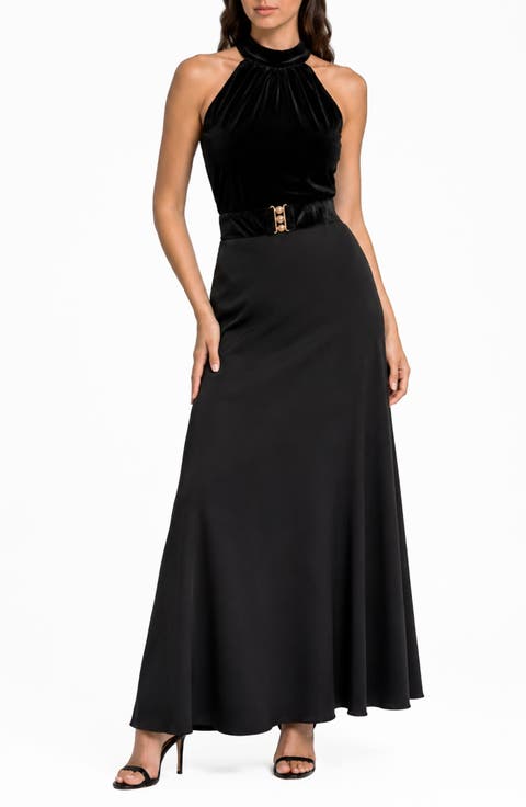 Cleo Mixed Media Halter Gown