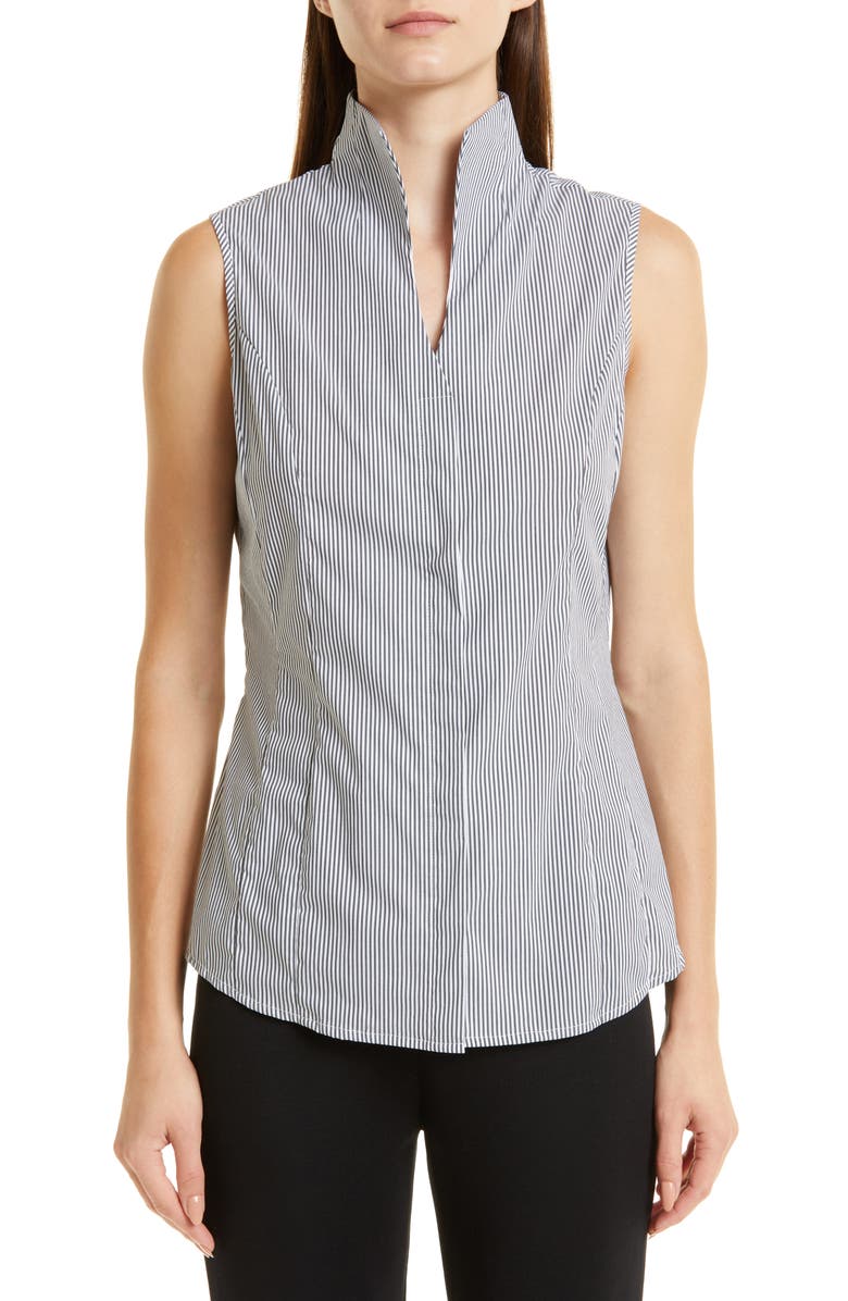 Misook Pinstripe Sleeveless Stretch Blouse, Main, color, Black/ White