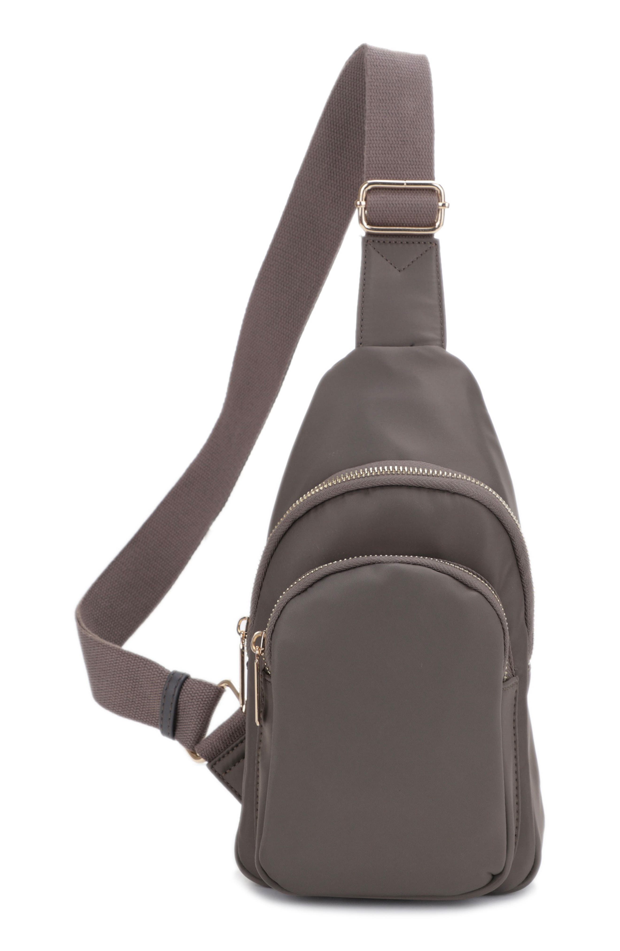 Logan Nylon & Vegan Leather Sling Bag, Main, color, MUSHROOM