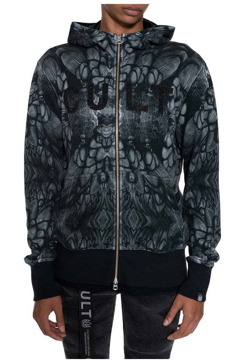 Cult of Individuality Raven Sublimation Split Zip Hoodie, Main, color, 