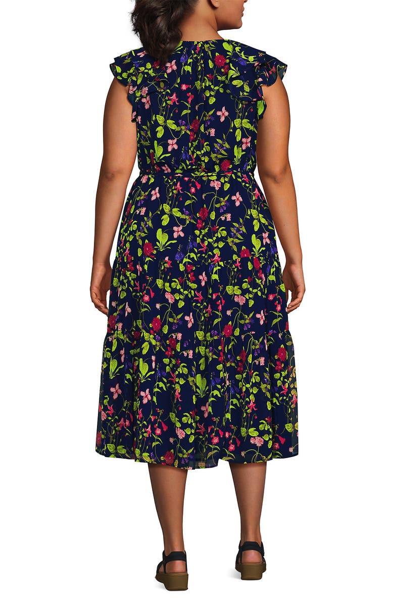 Lands' End Ruffle Sleeve Chiffon Tiered Midi Dress, Alternate, color, Deep Sea Multi Garden Floral