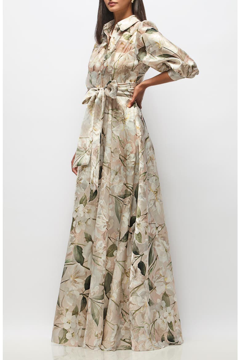 Marie Metallic Floral Tie Waist Organza Gown, Alternate, color, PLUMERIA FLORAL PRINT