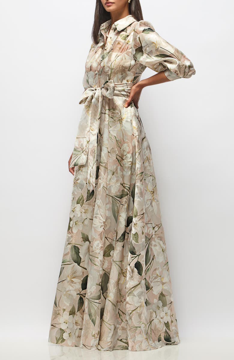 After Six Marie Metallic Floral Tie Waist Organza Gown, Alternate, color, Plumeria Floral Print