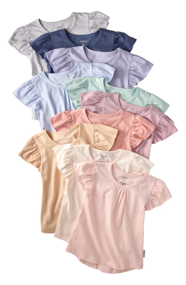 BUTTERBLU Rose Assorted 10-Pack Ruffle Organic Cotton T-Shirts, Main, color, Sorbet Frost Rainbow