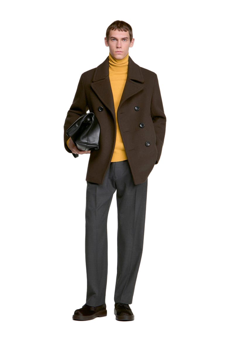Double-breasted wool pea coat, Alternate, color, Taupe / kaki