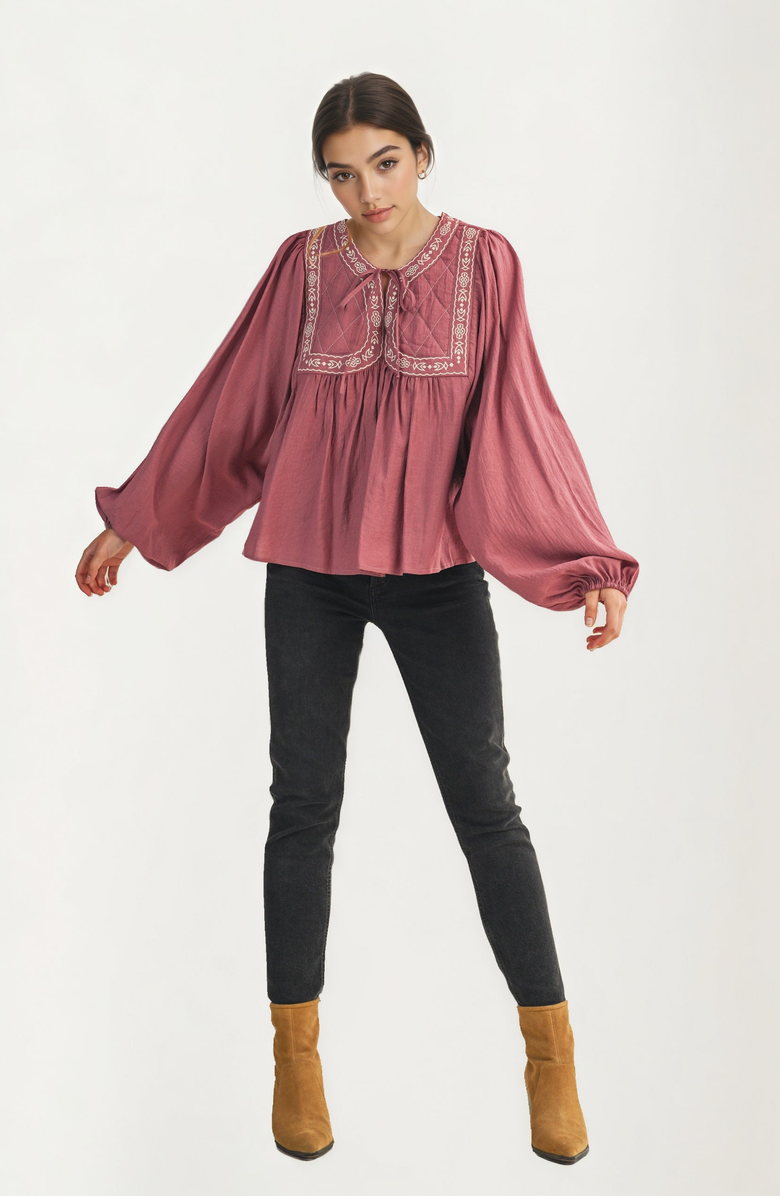 Knit and Lounge Embroidered Yoke Tie Neckline Flowy Long Sleeve Blouse, Alternate, color, Mauve / Dusty Pink
