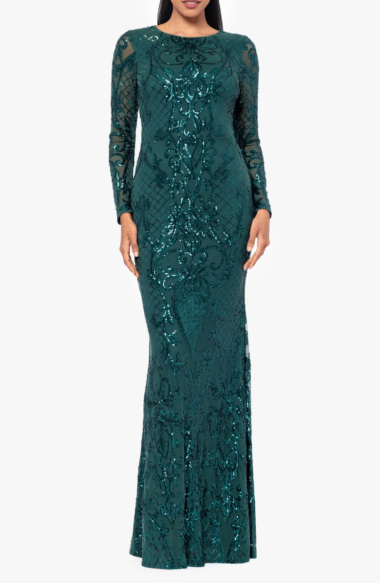 Betsy & Adam Sequin Long Sleeve Mermaid Gown, Main, color, 
