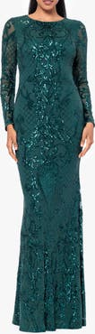 Betsy & Adam Sequin Long Sleeve Mermaid Gown