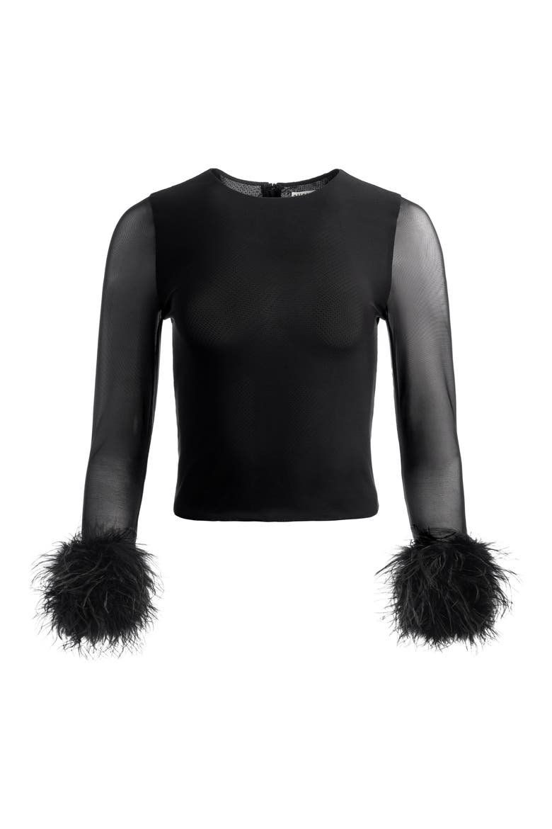 Delaina Feather Cuff Mixed Media Top, Alternate, color, BLACK