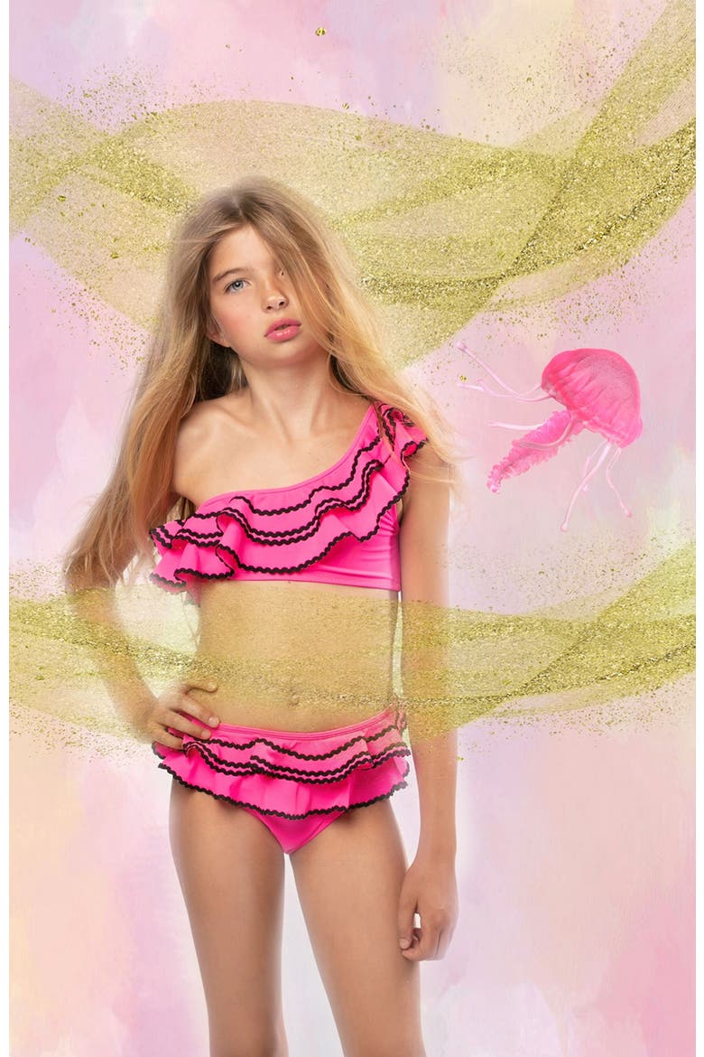 Vibrant Tiered Ruffle One-Shoulder with Ric-Rac Detail Two-Piece Bikini, Alternate, color, Pink