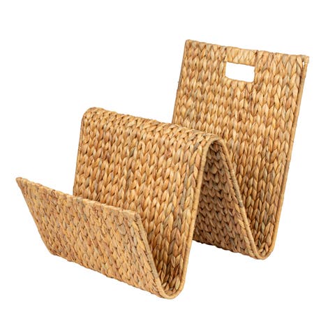 Hand-Woven Water Hyacinth and Metal Magazine Storage Holder with Sturdy Handles