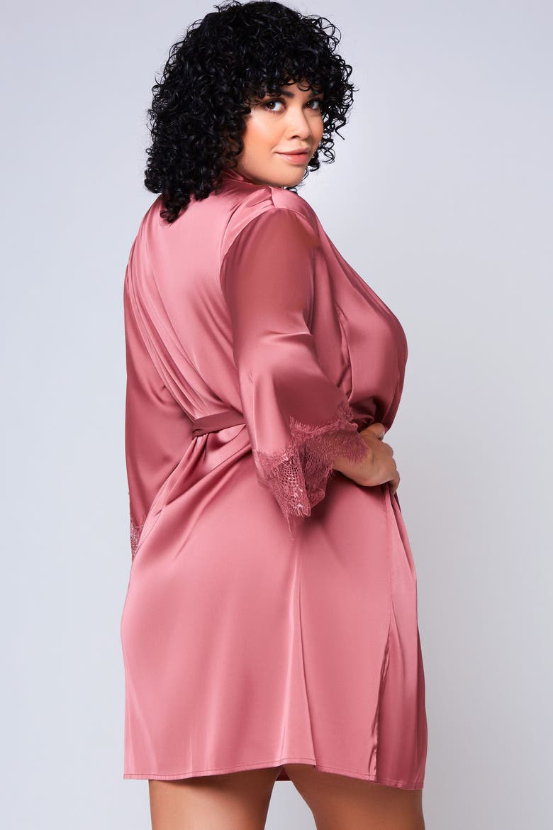 Stretch Satin Lace-Trim Robe, Alternate, color, Wine