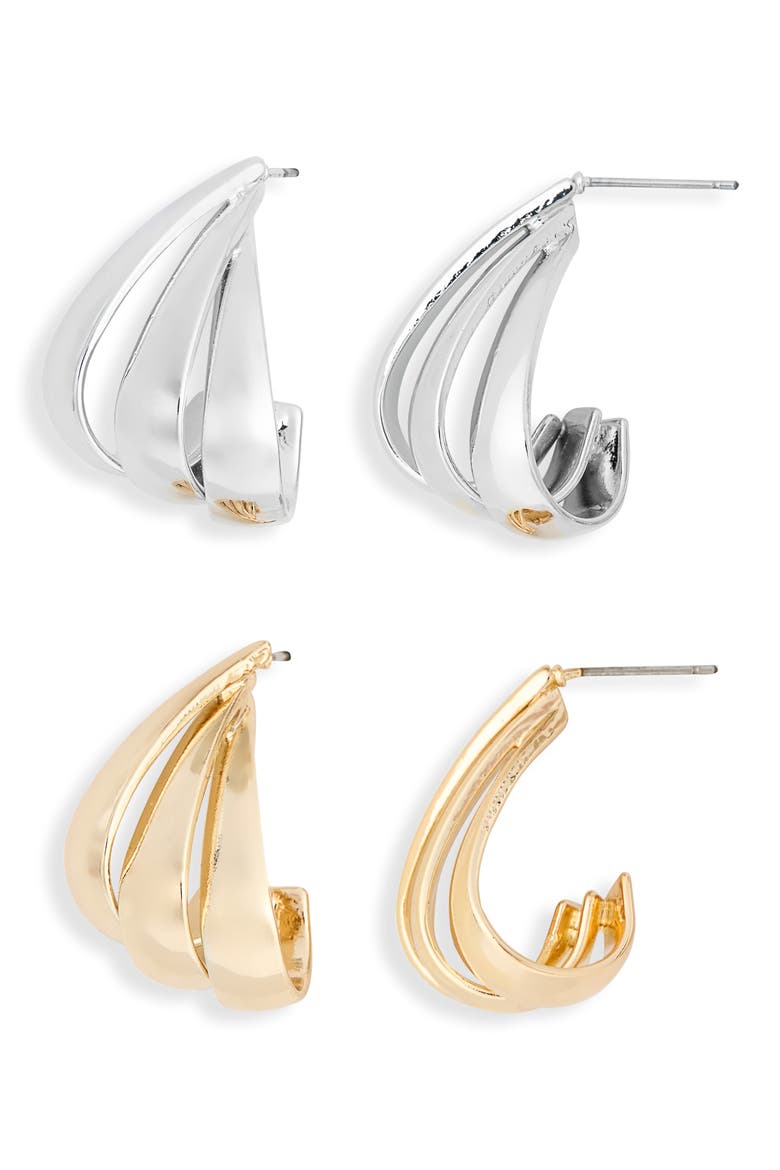 Set of 2 Triple-Loop Teardrop Earrings, Main, color, GOLD/ SILVER