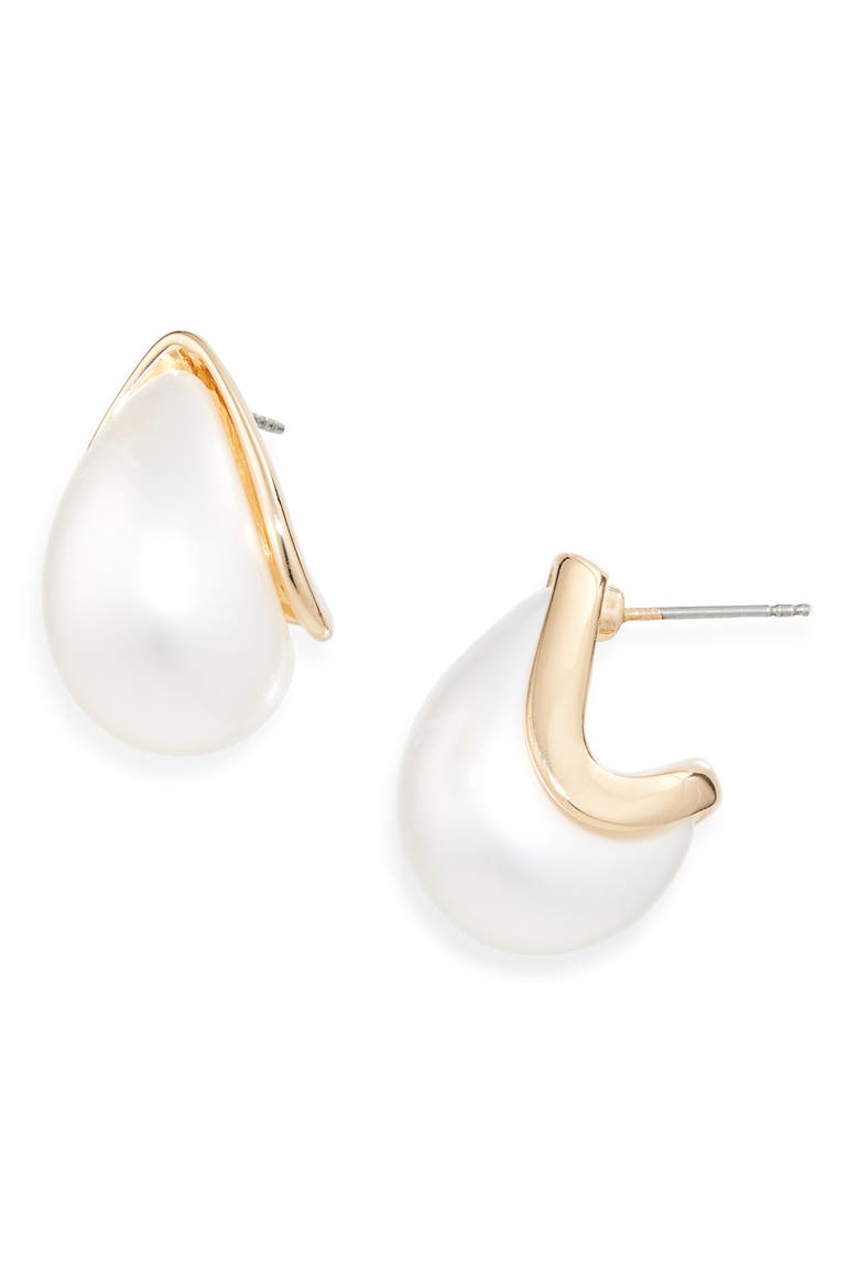 Faux Pearl Teardrop Stud Earrings, Main, color, WHITE- GOLD