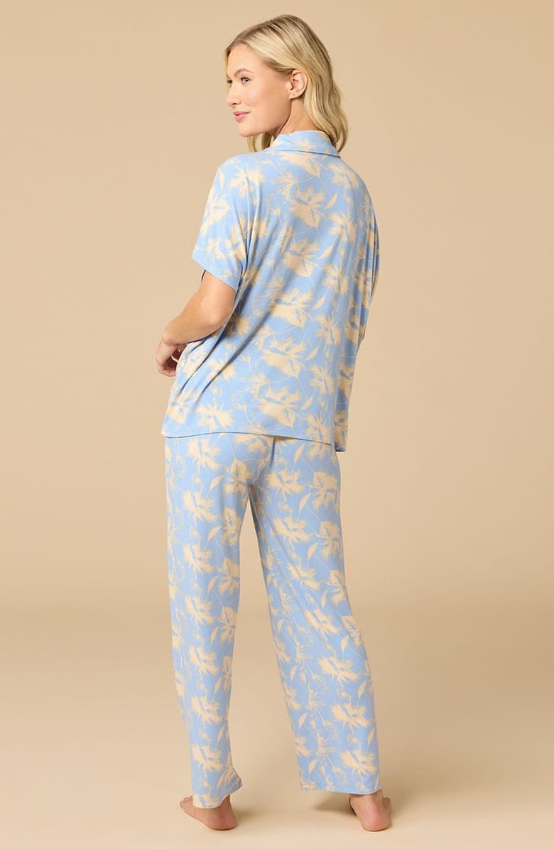 Softies Soft Sleep Caftan Top and Cropped Pant Pajama Set, Alternate, color, Sky Blue Floral
