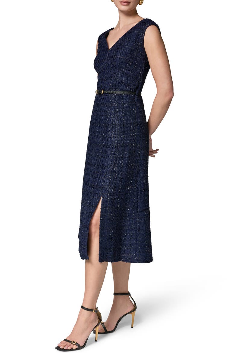 Belted Plaid Metallic Tweed Dress, Alternate, color, NIGHT SKY
