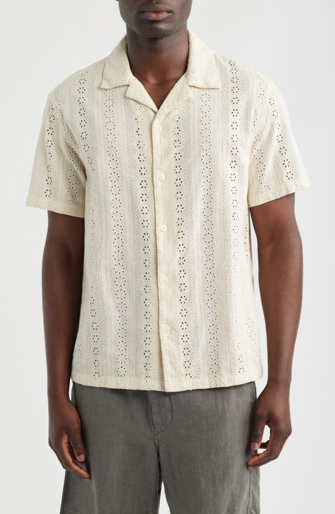 Short Sleeve Button-Up Shirt in Embroidered Cotton