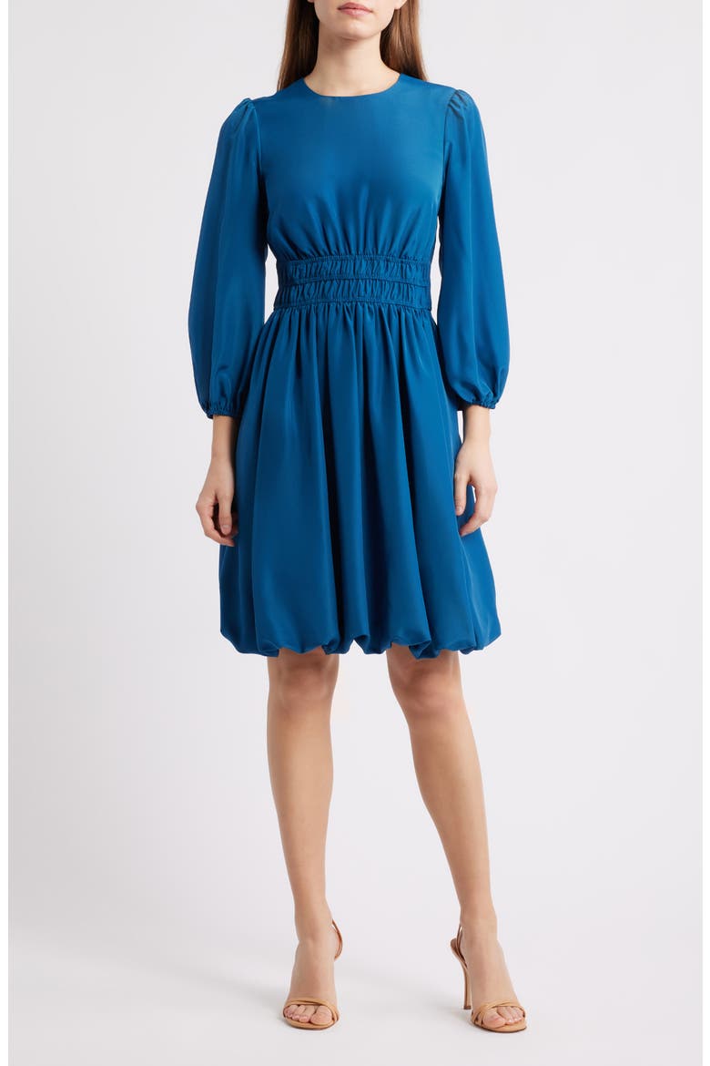 Balloon Sleeve Crepe Fit & Flare Dress, Main, color, TEAL