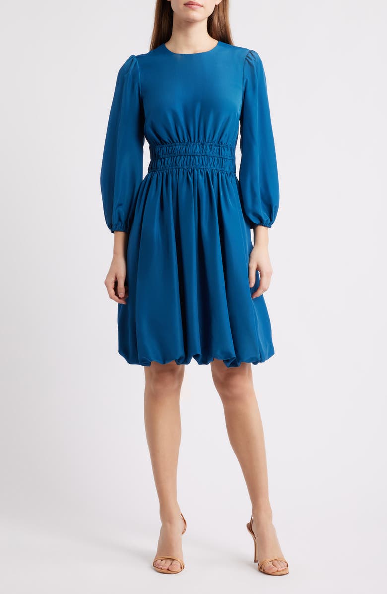 Eliza J Balloon Sleeve Crepe Fit & Flare Dress, Main, color, Teal