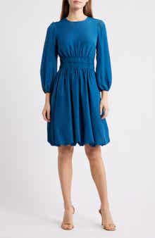 Balloon Sleeve Crepe Fit & Flare Dress