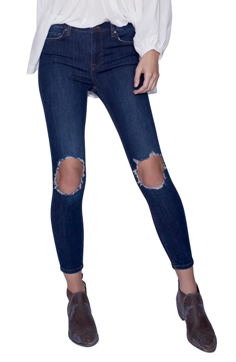 Free People We the Free by Free People High Rise Busted Knee Skinny Jeans, Main, color, Dark Blue