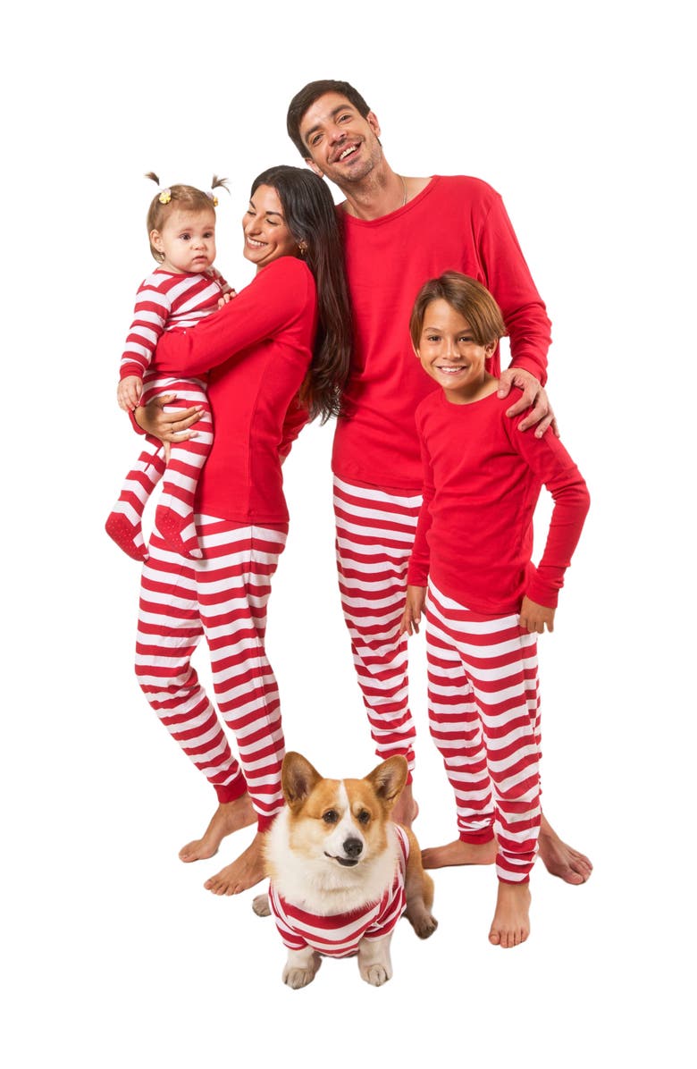 Leveret Two-Piece Striped Cotton Matching Family Holiday Pajamas, Alternate, color, Solid Red Top 
Striped Pant