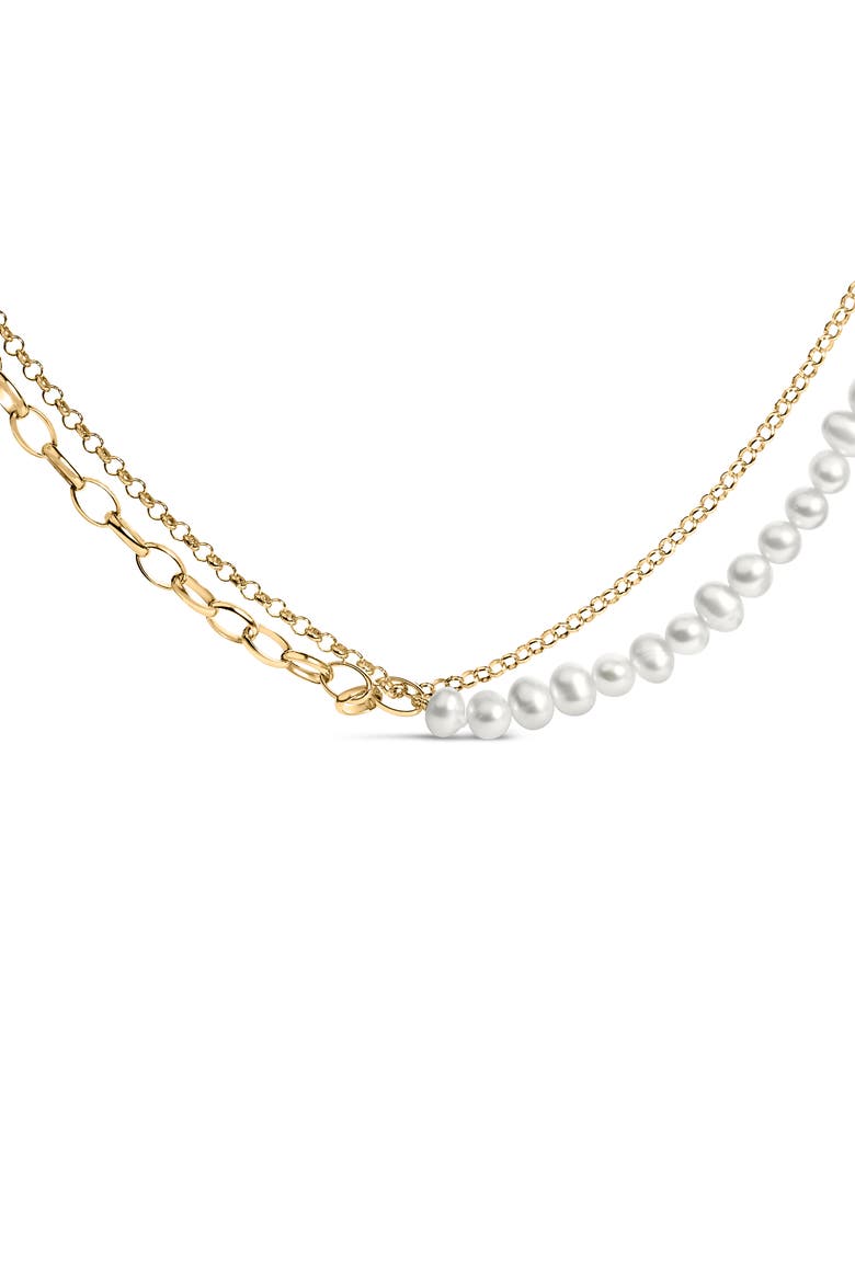 18K Yellow Gold Vermeil Cultured Pearl Strand Necklace with Rolo and Paperclip Chain, Main, color, Yellow Gold over Silver