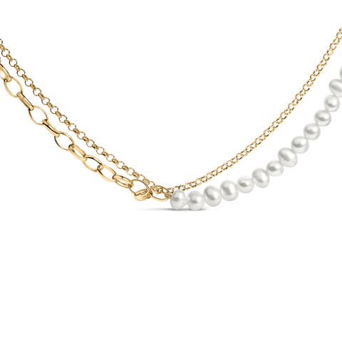 18K Yellow Gold Vermeil Cultured Pearl Strand Necklace with Rolo and Paperclip Chain