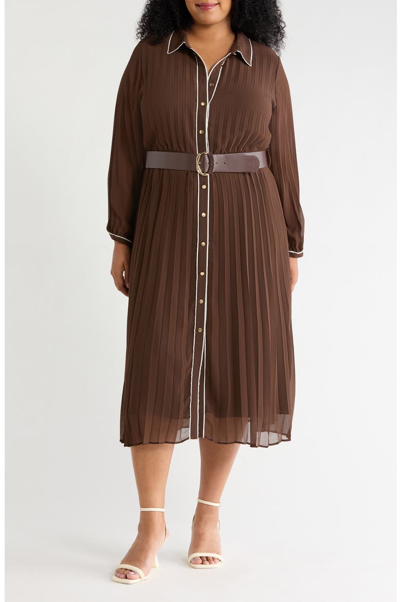 Piping Plissé Button-Up Midi Shirtdress, Main, color, RICH CHOCOLATE