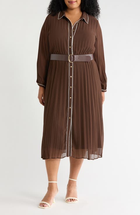 Piping Plissé Button-Up Midi Shirtdress