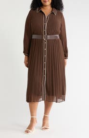 Vince Camuto Piping Plissé Button-Up Midi Shirtdress