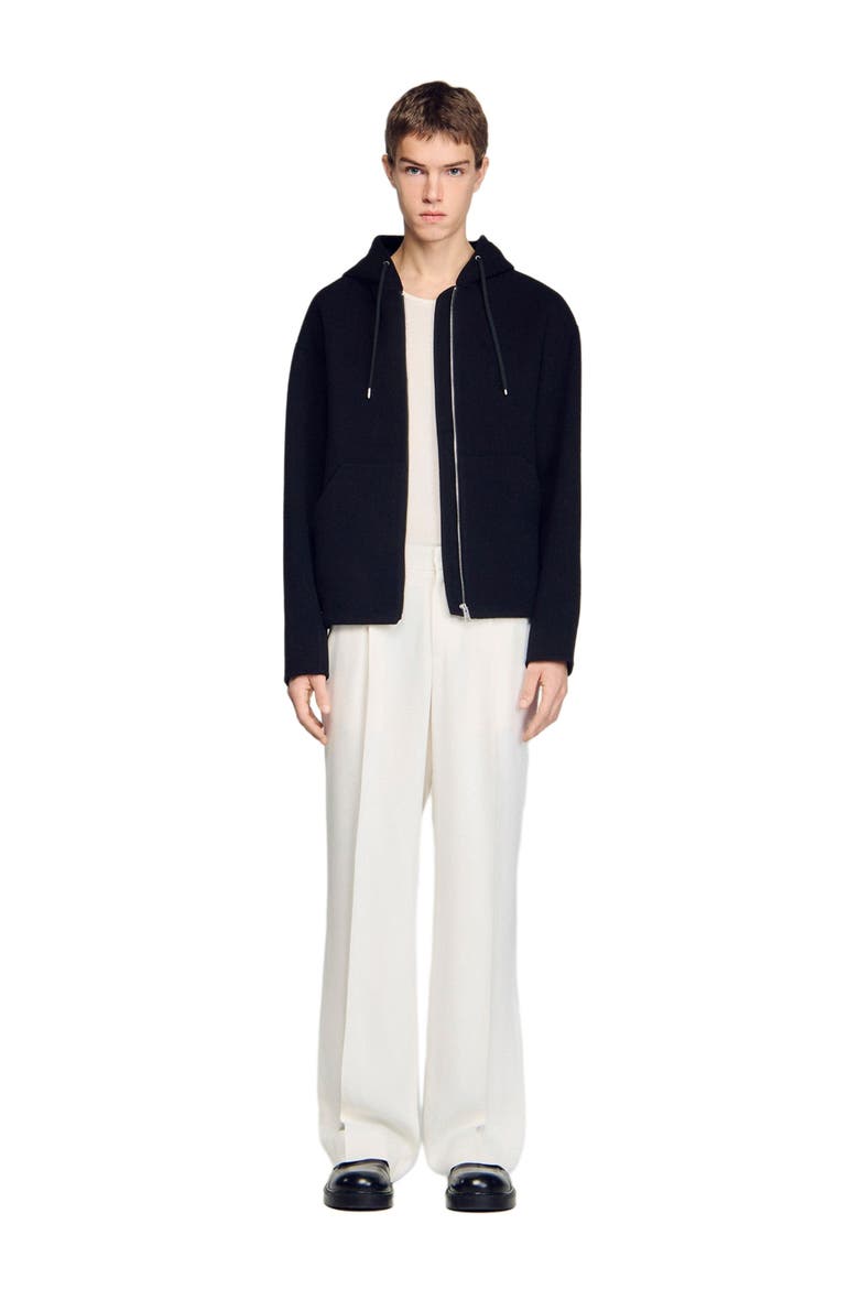 Hooded zip-up wool jacket, Alternate, color, Black