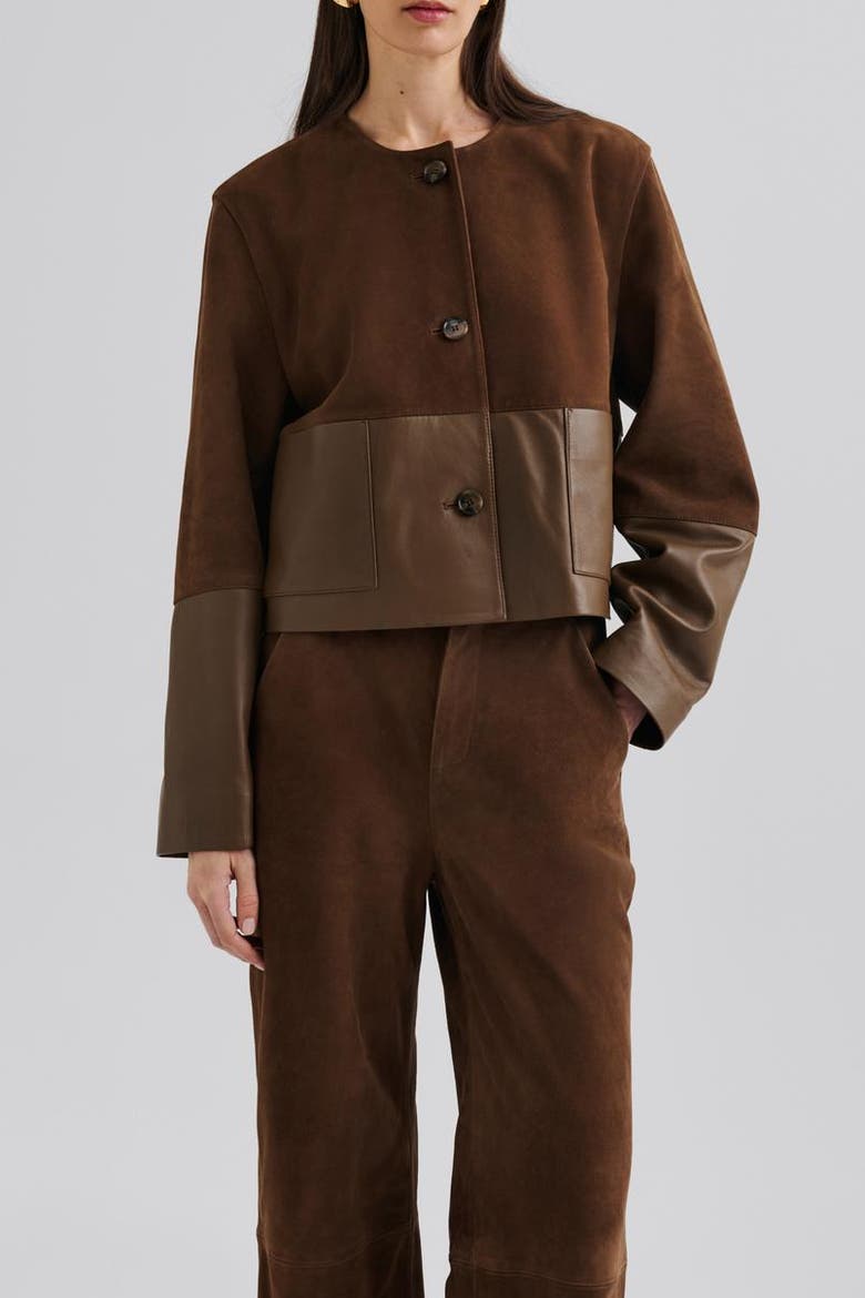 Marcie Suede Leather Cropped Jacket, Alternate, color, Caramel