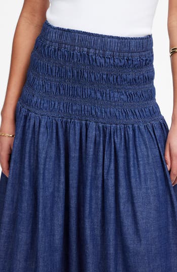 Smocked Denim Midi Skirt